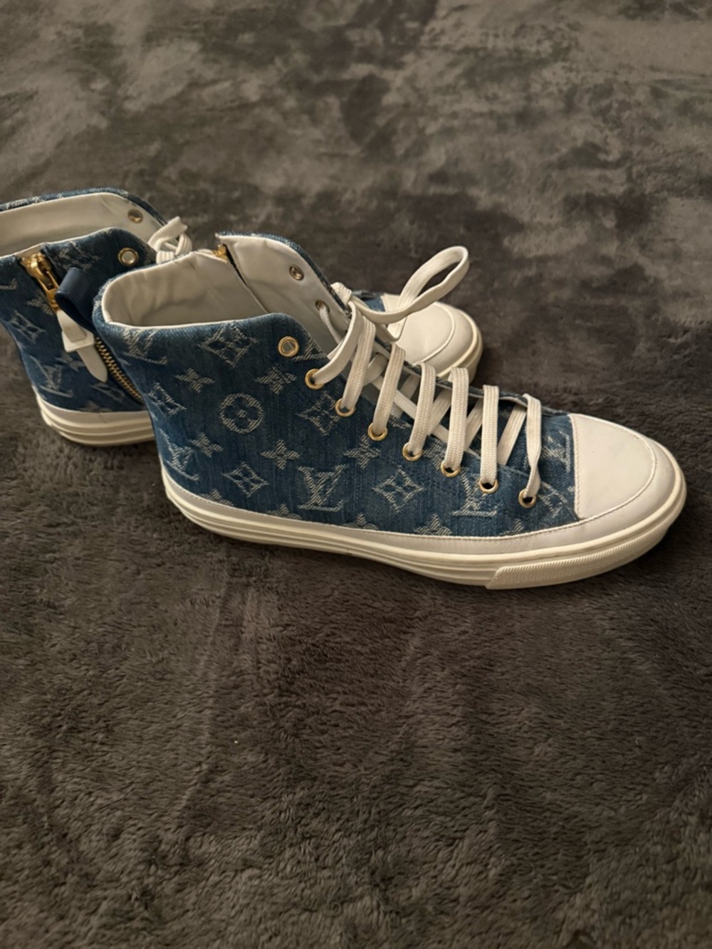 Louis Vuitton Blue Denim Monogram High-Top Sneakers with White Accents - Picture 2 of 3